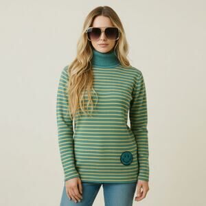 1970s Vintage Striped Turtleneck w/ Smiley Patch Vintage M